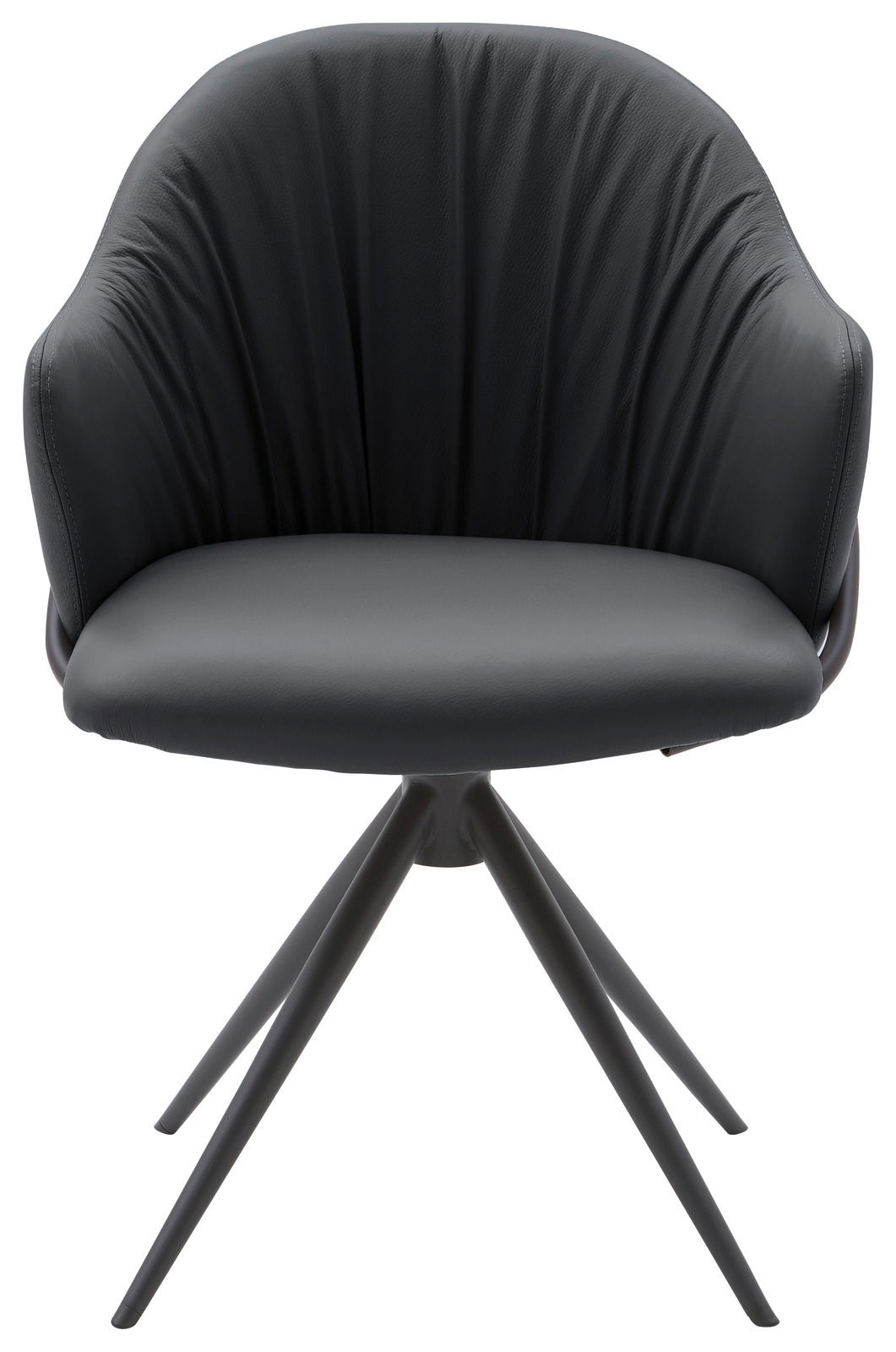 Moderner Armlehnstuhl in schwarzem Leder mit vier schlanken Metallbeinen, Frontalansicht.