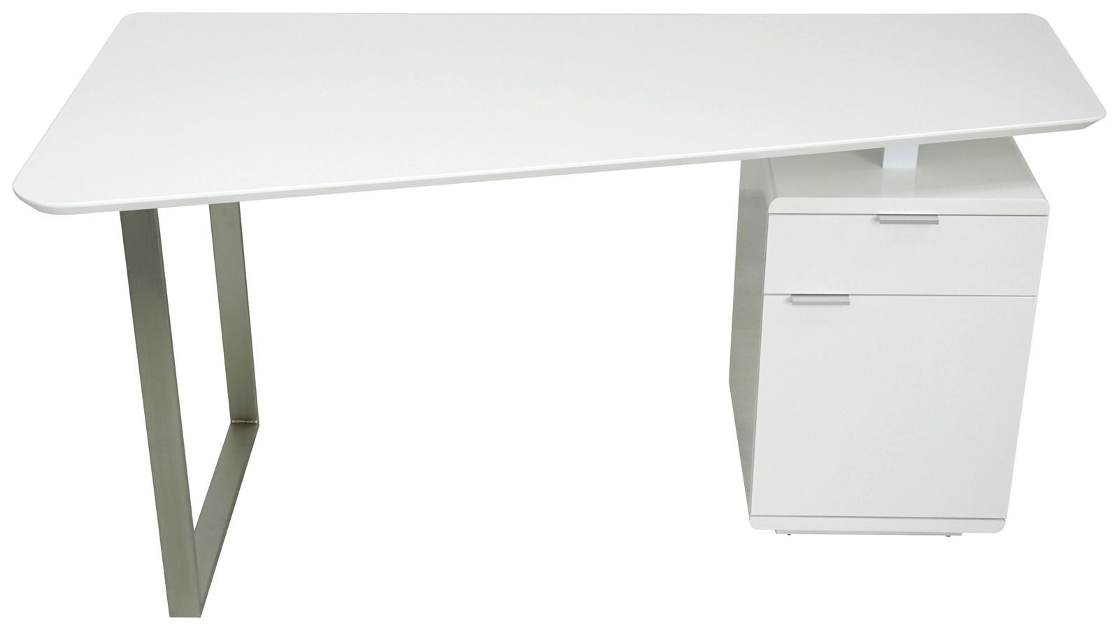 Moderner weißer Schreibtisch mit Metallbein und integriertem Schrank, seitliche Perspektive