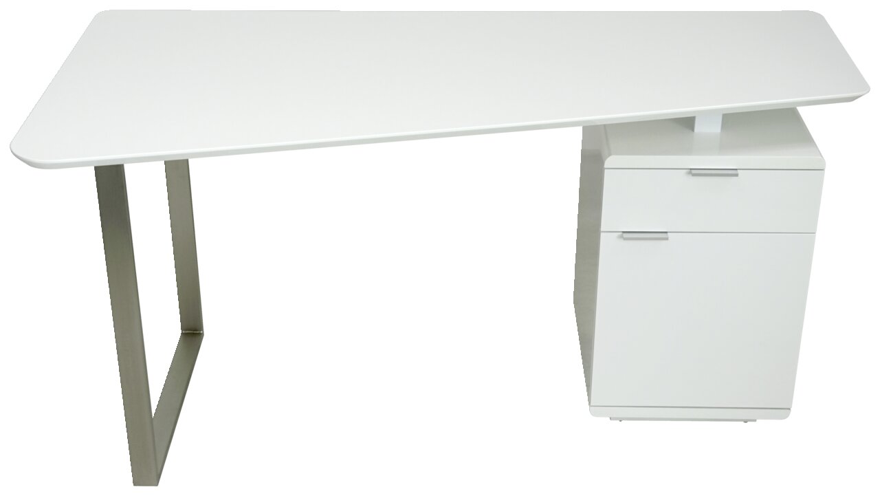 Moderner weißer Schreibtisch mit Metallbein und integriertem Schrank, seitliche Perspektive