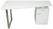 Moderner weißer Schreibtisch mit Metallbein und integriertem Schrank, seitliche Perspektive