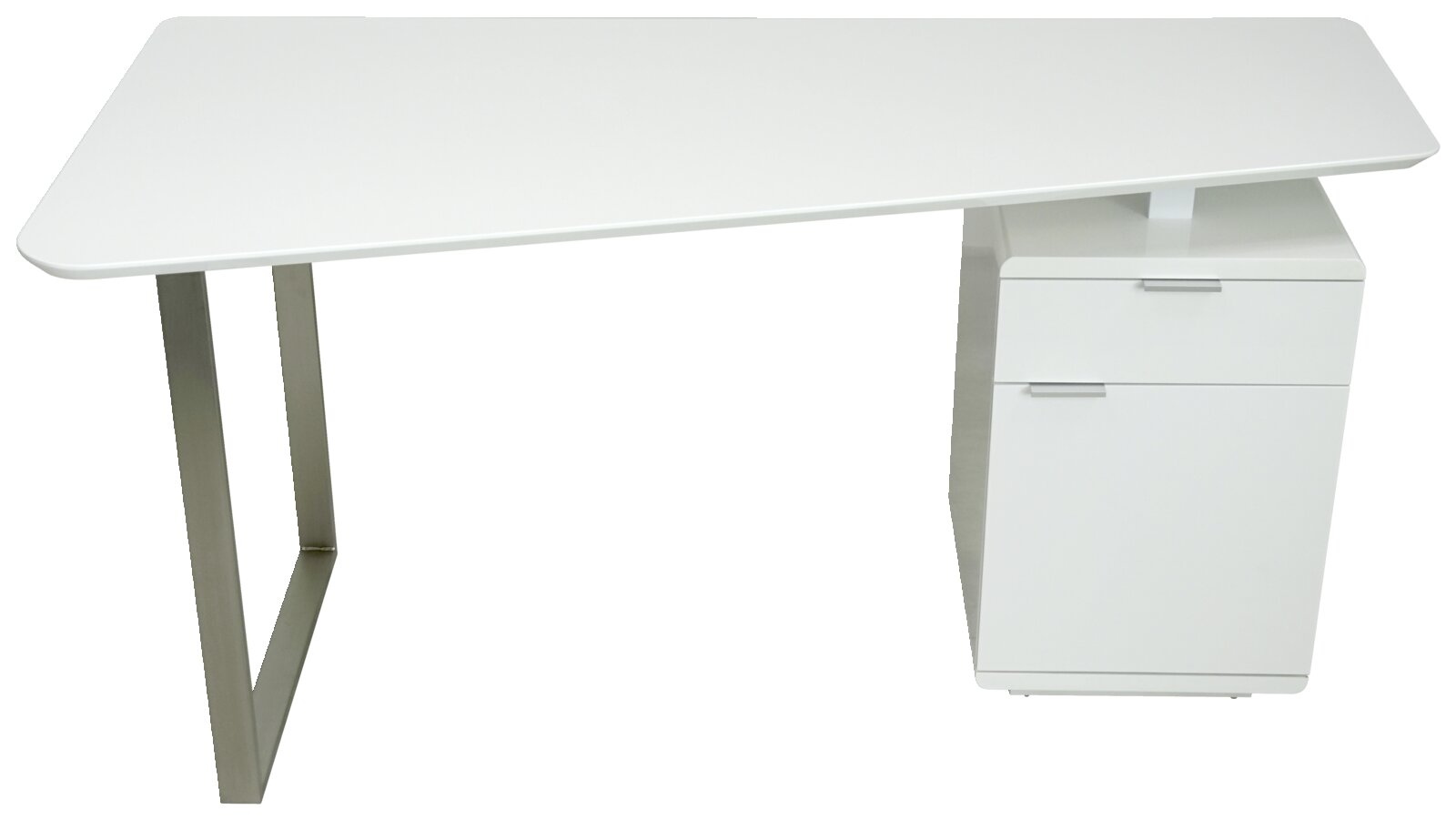 Moderner weißer Schreibtisch mit Metallbein und integriertem Schrank, seitliche Perspektive