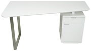 Moderner weißer Schreibtisch mit Metallbein und integriertem Schrank, seitliche Perspektive