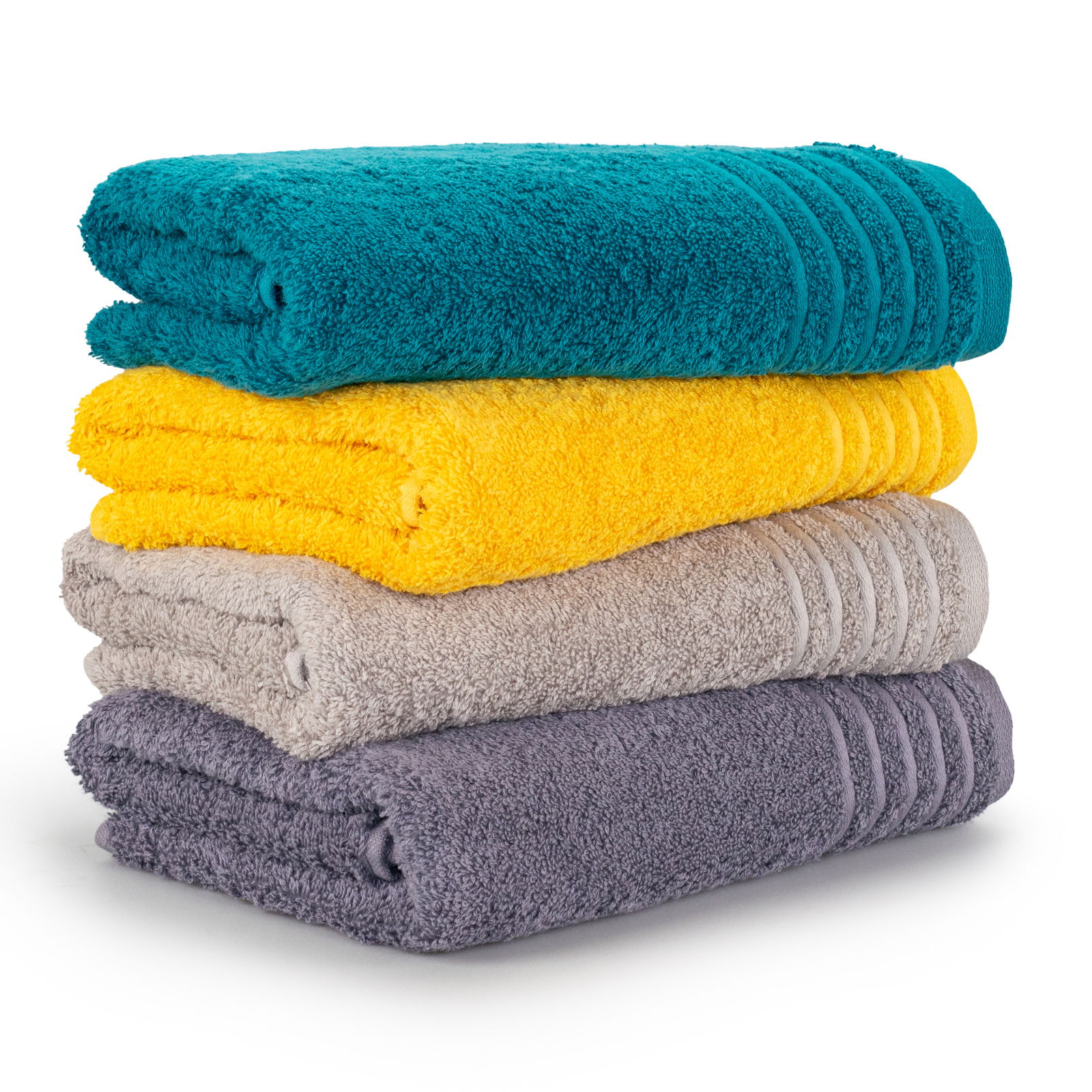 Ein Stapel von vier Handtüchern in verschiedenen Farben: Türkis, Gelb, Beige und Grau, aus seitlicher Perspektive fotografiert.