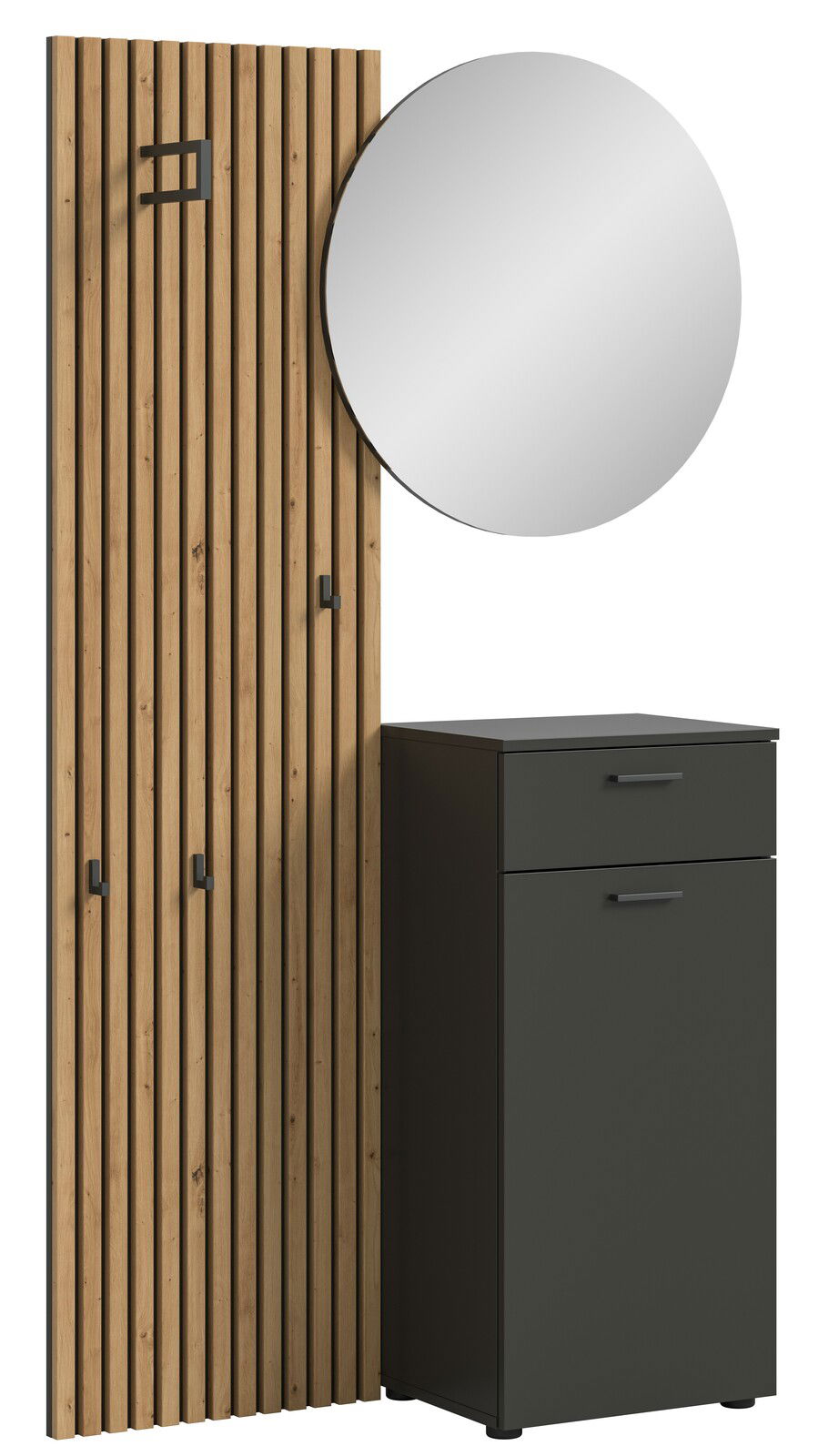 Voleo Garderobenkombination DELTON Garderobenkombination mit Holzpaneel, runden Spiegel und schwarzem Schrank, seitliche Perspektive