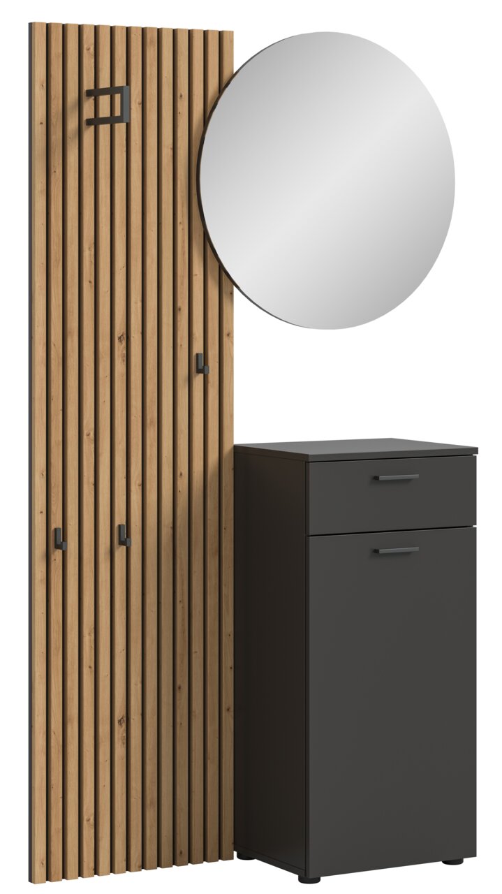 Garderobenkombination mit Holzpaneel, runden Spiegel und schwarzem Schrank, seitliche Perspektive