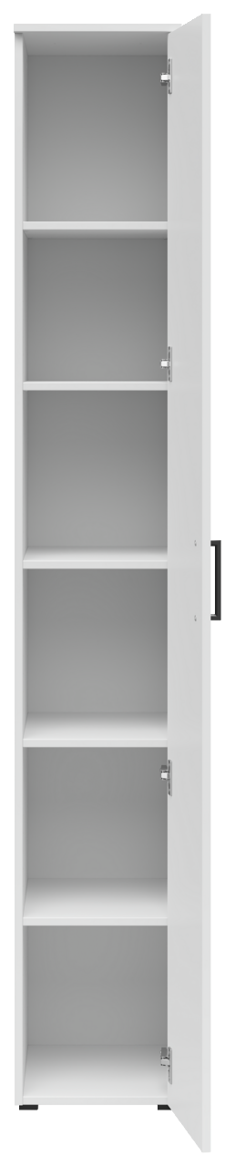 Weißer Mehrzweckschrank mit fünf offenen Regalfächern, Tür leicht geöffnet, Frontalansicht