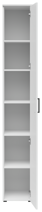 Weißer Mehrzweckschrank mit fünf offenen Regalfächern, Tür leicht geöffnet, Frontalansicht