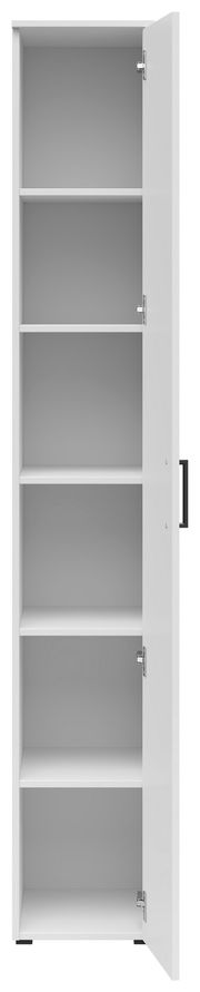Weißer Mehrzweckschrank mit fünf offenen Regalfächern, Tür leicht geöffnet, Frontalansicht