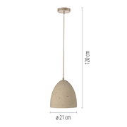 Beige Pendelleuchte mit gesprenkeltem, glockenförmigem Schirm und Metallaufhängung, Gesamt­höhe ca. 120 cm und Durchmesser 21 cm, frontal in gerader Produktansicht vor weißem Hintergrund.