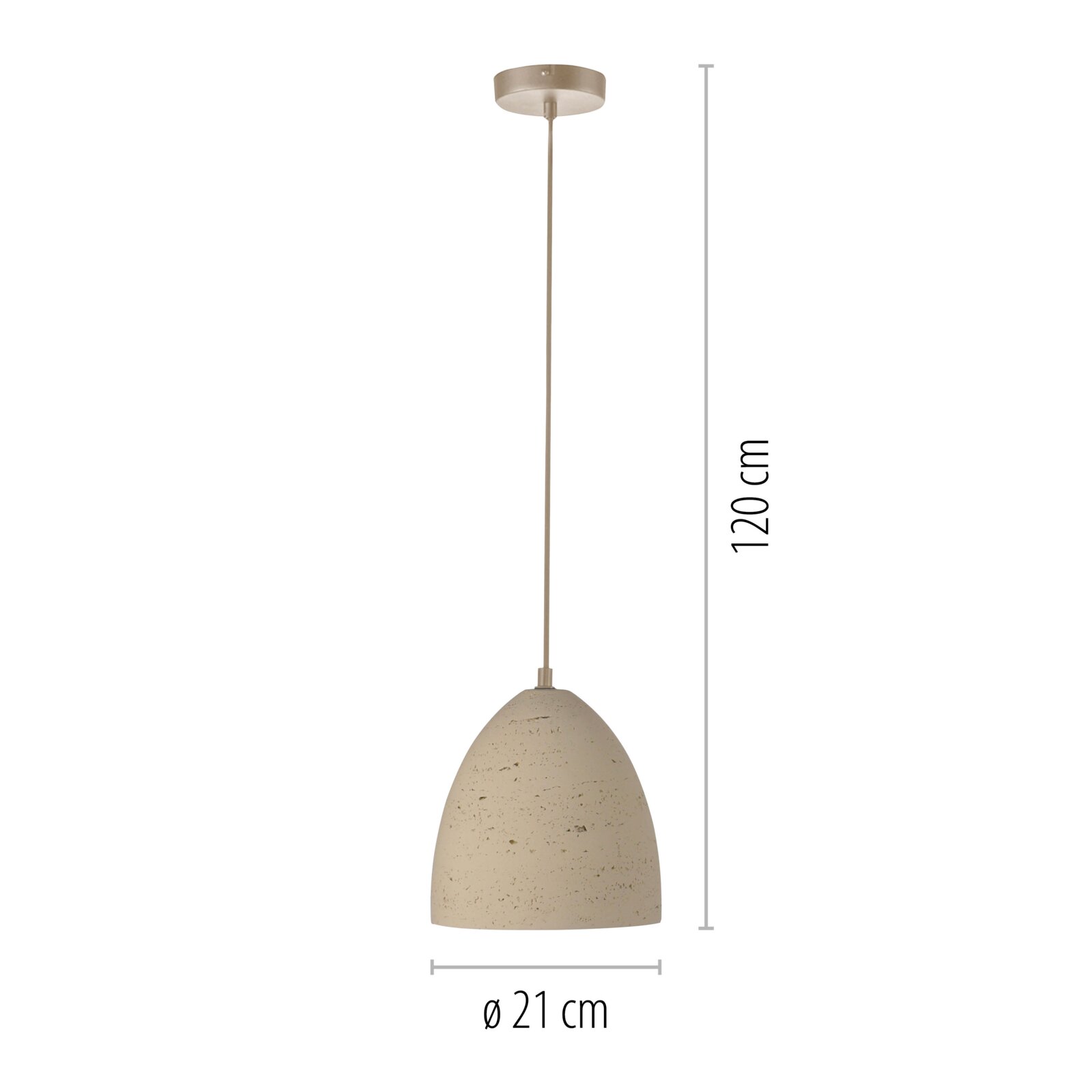 Beige Pendelleuchte mit gesprenkeltem, glockenförmigem Schirm und Metallaufhängung, Gesamt­höhe ca. 120 cm und Durchmesser 21 cm, frontal in gerader Produktansicht vor weißem Hintergrund.