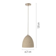 Beige Pendelleuchte mit gesprenkeltem, glockenförmigem Schirm und Metallaufhängung, Gesamt­höhe ca. 120 cm und Durchmesser 21 cm, frontal in gerader Produktansicht vor weißem Hintergrund.