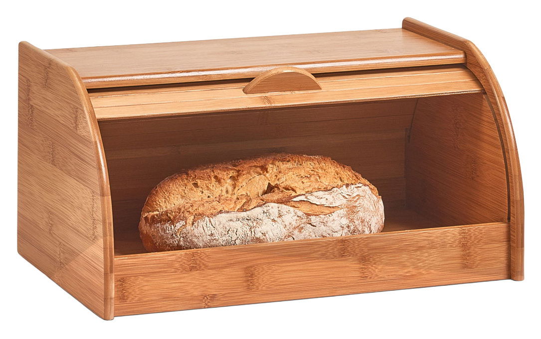 Rollbrotkasten aus Holz mit einem Laib Brot, seitliche Perspektive