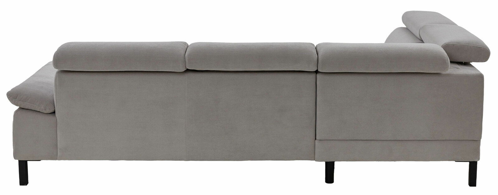 Rückansicht einer grauen Eckgarnitur mit verstellbaren Kopfstützen und schwarzen Beinen.