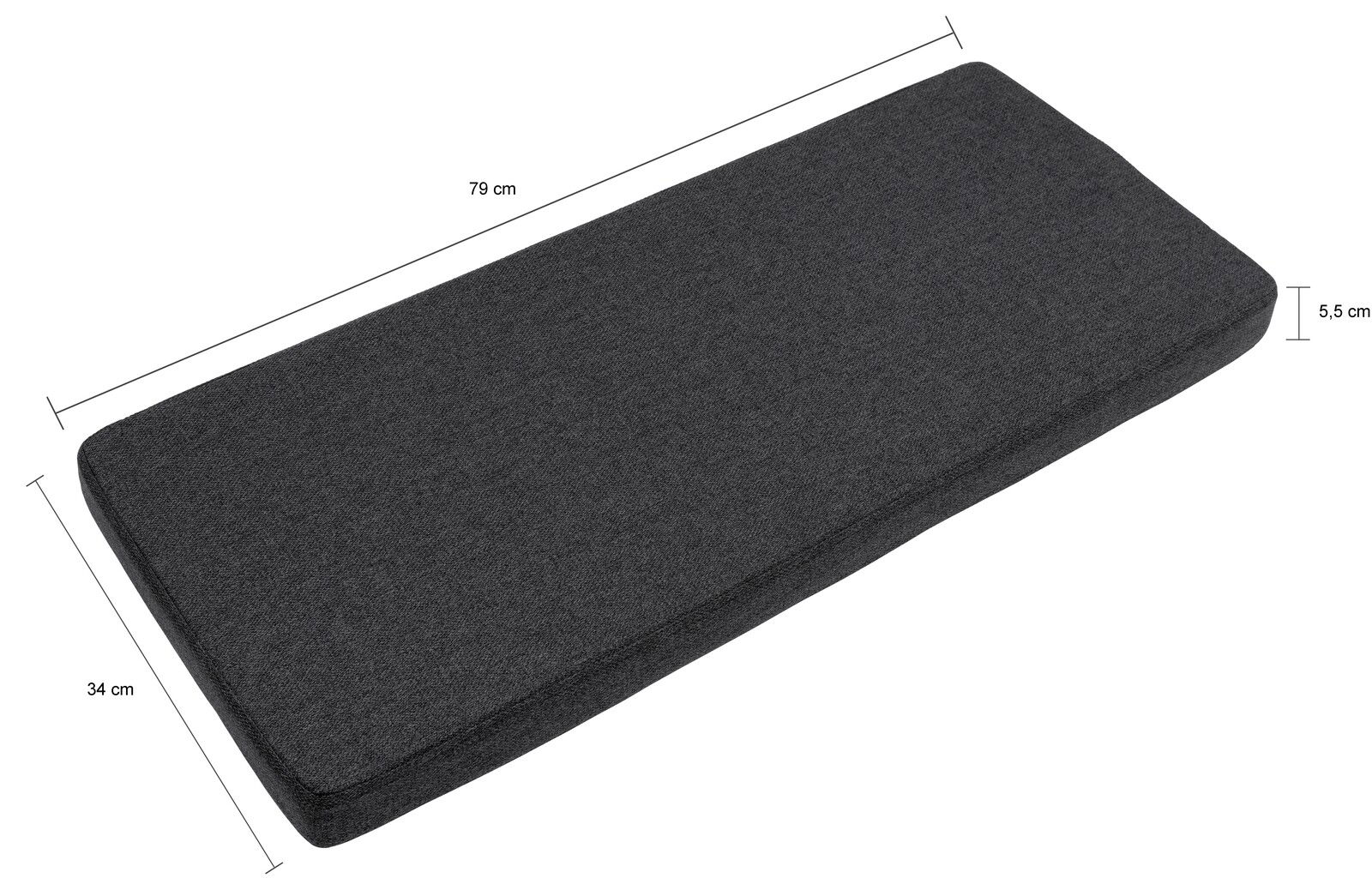Rechteckiges, dunkelgraues Sitzkissen mit den Maßen 79 cm x 34 cm x 5,5 cm, aus seitlicher Perspektive fotografiert.