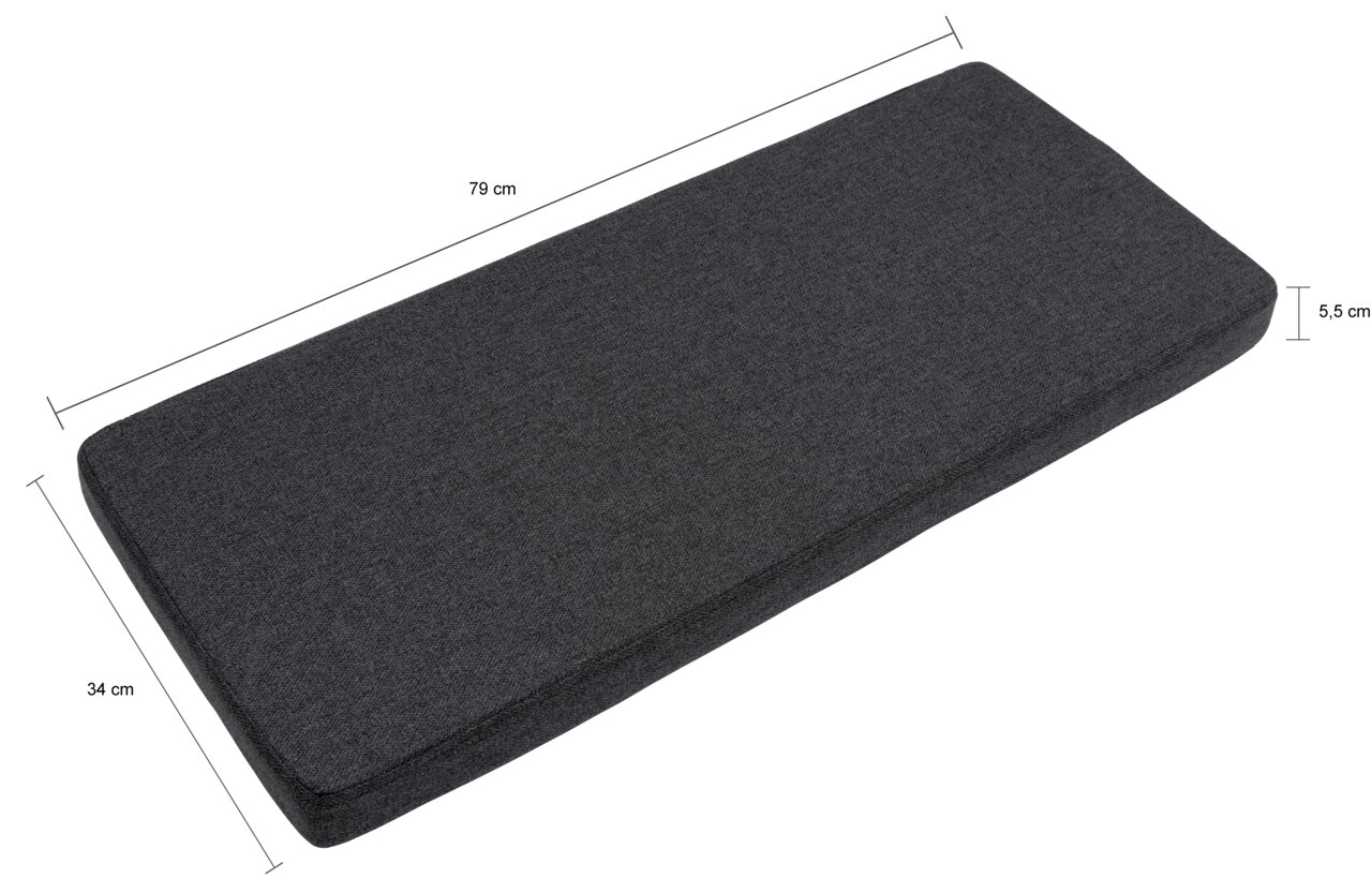 Rechteckiges, dunkelgraues Sitzkissen mit den Maßen 79 cm x 34 cm x 5,5 cm, aus seitlicher Perspektive fotografiert.