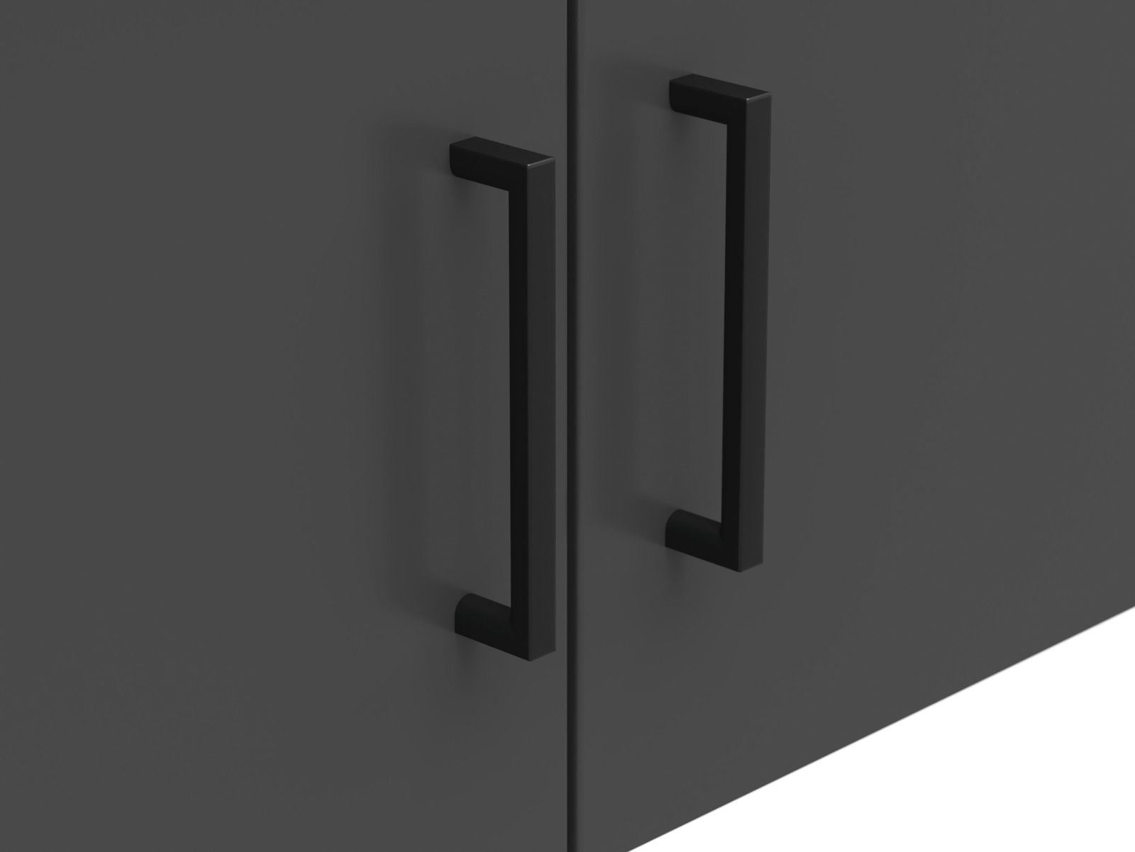 Nahaufnahme von zwei schwarzen Griffen an einem dunkelgrauen Aufsatzschrank, seitliche Perspektive