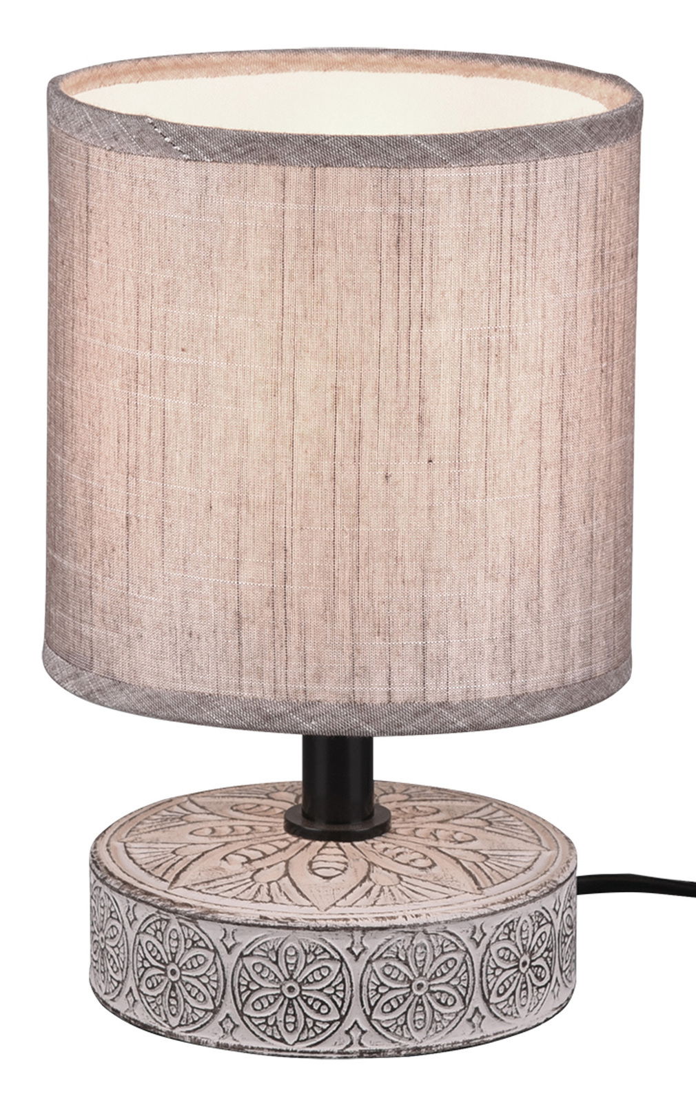 Tischleuchte MARIE mit zylindrischem Stoffschirm und dekorativem Sockel, seitliche Perspektive