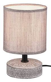 Tischleuchte MARIE mit zylindrischem Stoffschirm und dekorativem Sockel, seitliche Perspektive