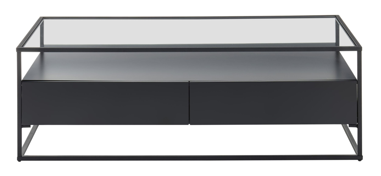 Moderner Couchtisch mit Glasplatte und schwarzem Metallrahmen, frontal betrachtet.