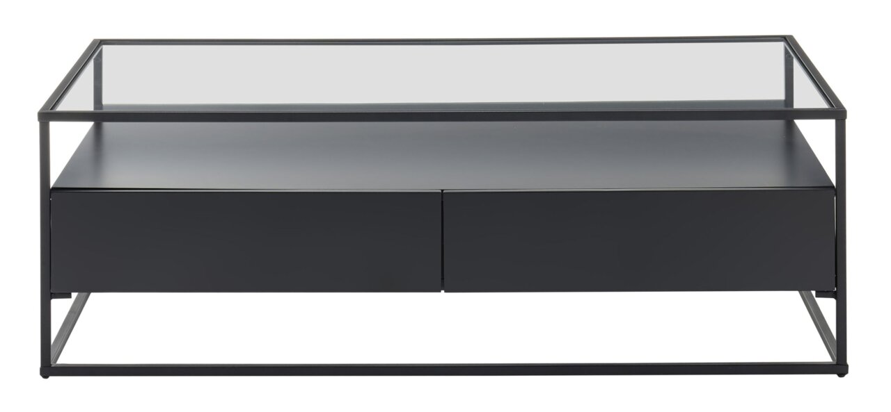 Moderner Couchtisch mit Glasplatte und schwarzem Metallrahmen, frontal betrachtet.