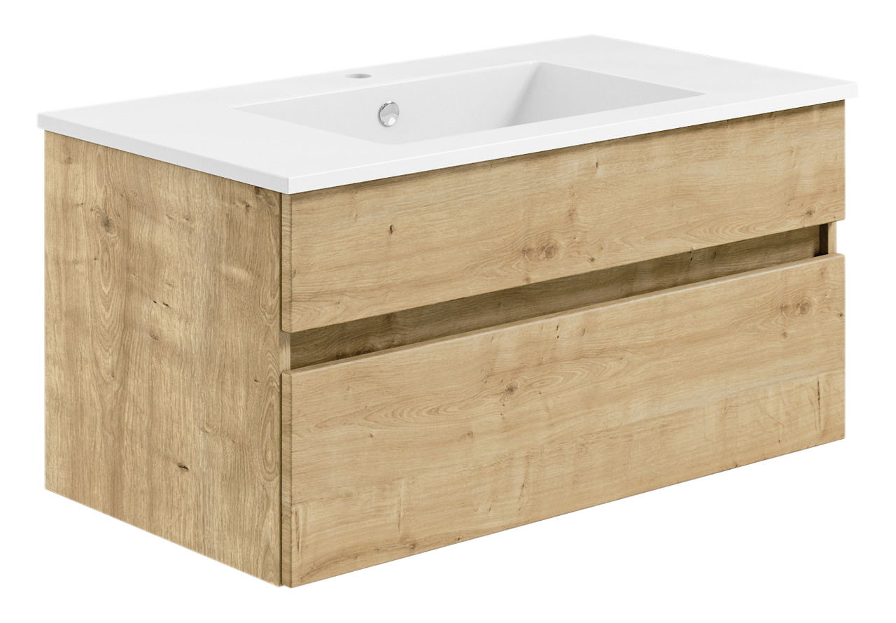 Waschtisch mit Holzoptik und zwei Schubladen, seitliche Perspektive