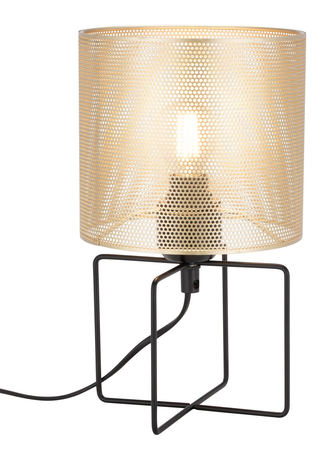 Moderne Tischleuchte mit perforiertem, zylindrischem Schirm aus Metall und schwarzem, geometrischem Gestell, seitliche Perspektive.