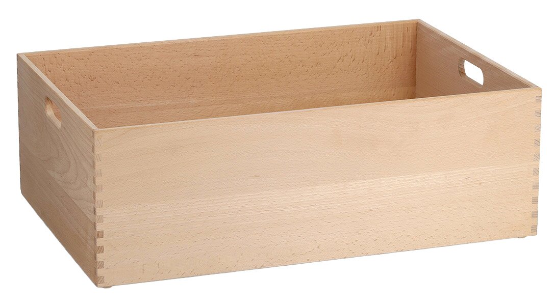 Holzkiste mit Griffen, rechteckig, aus hellem Holz, Perspektive von schräg oben
