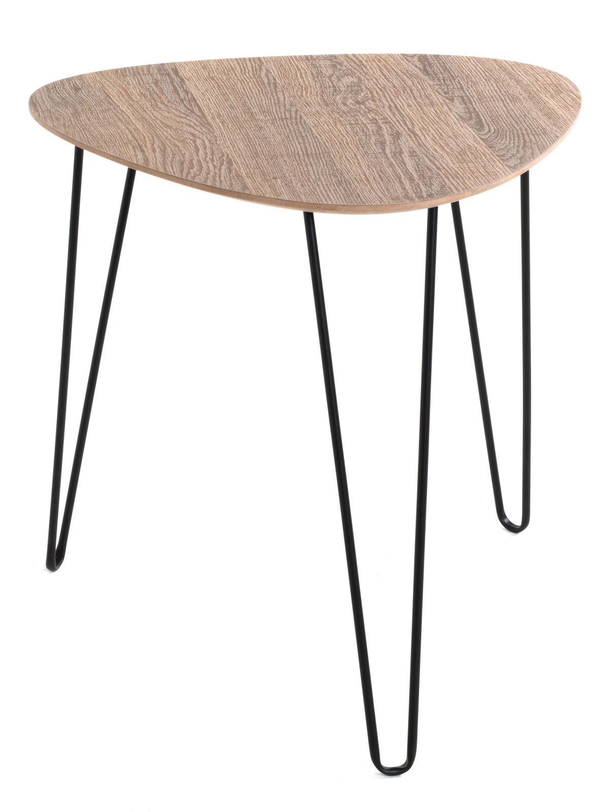 Moderner Beistelltisch mit dreieckiger Holzplatte und schwarzen Metallbeinen, seitliche Perspektive