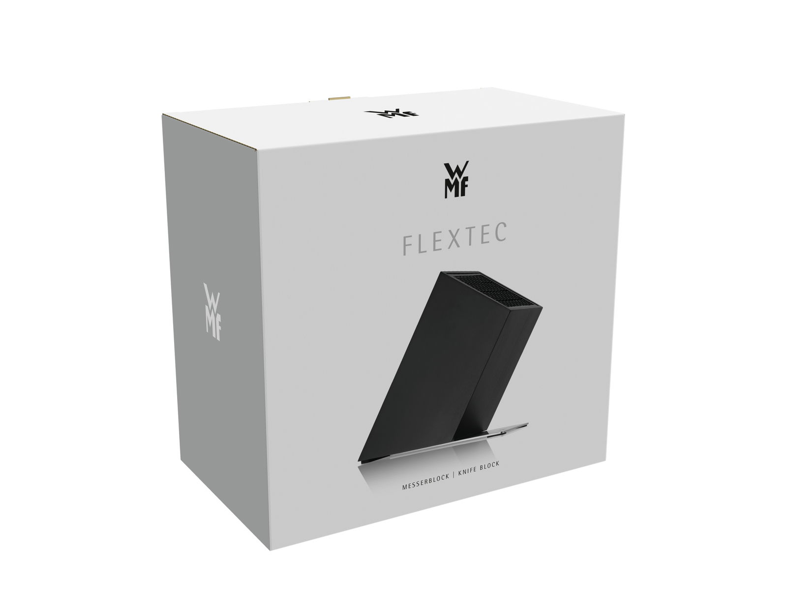 Schwarzer Messerblock von WMF in schräger Perspektive auf der Verpackung abgebildet.