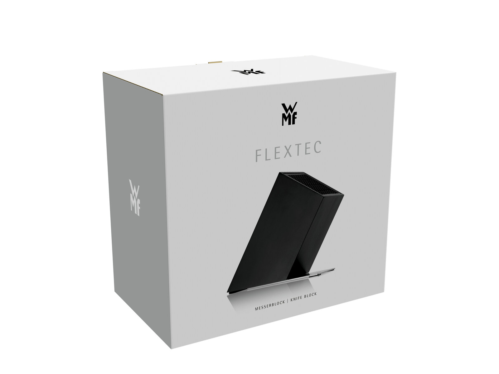 Schwarzer Messerblock von WMF in schräger Perspektive auf der Verpackung abgebildet.