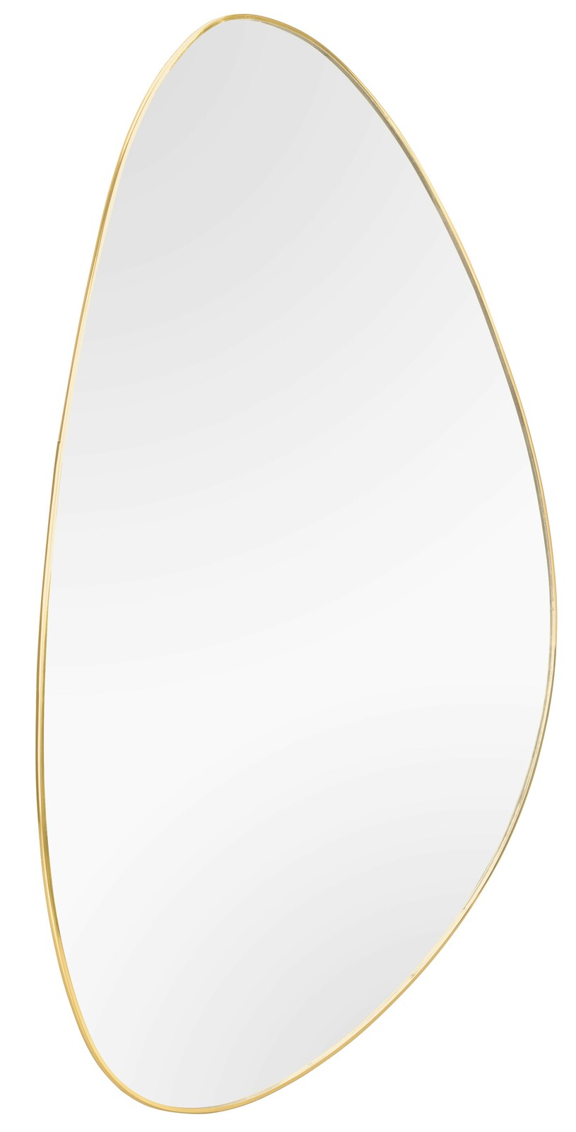Asymmetrischer Spiegel mit goldfarbenem Rahmen, perspektivisch von vorne fotografiert.