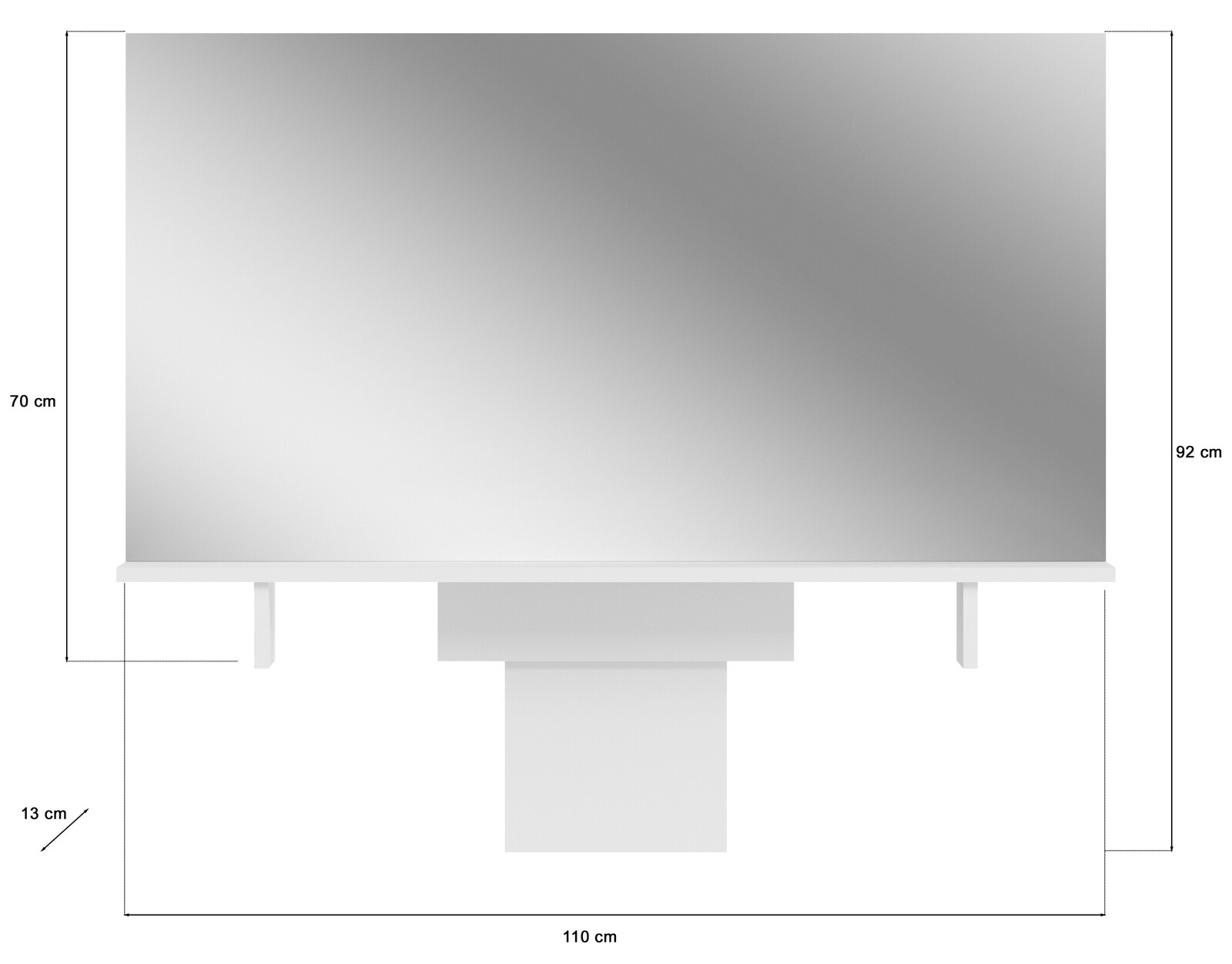 Frontalansicht eines rechteckigen Aufsatzspiegels mit weißen Ablageflächen, 110 cm breit, 92 cm hoch.