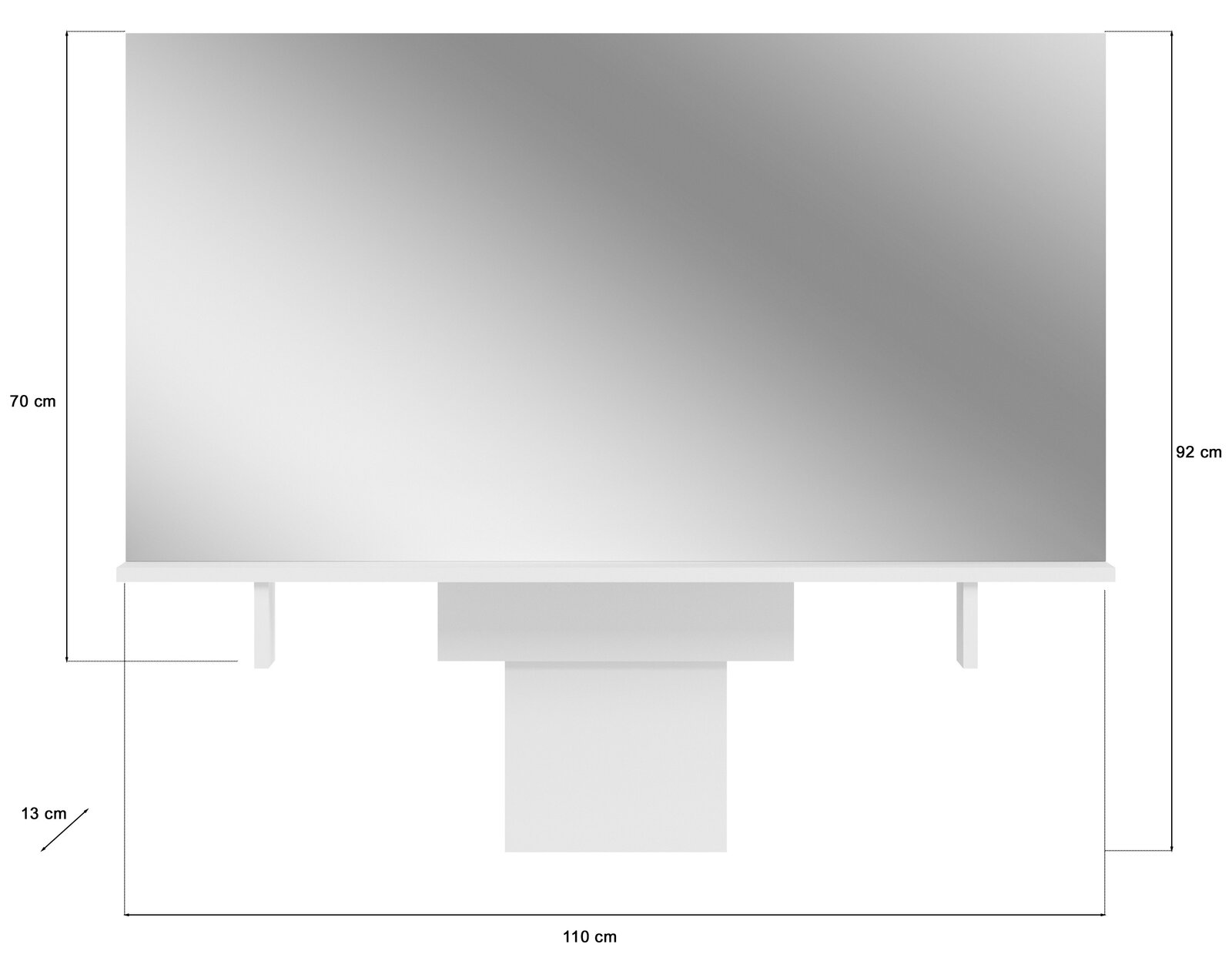 Frontalansicht eines rechteckigen Aufsatzspiegels mit weißen Ablageflächen, 110 cm breit, 92 cm hoch.