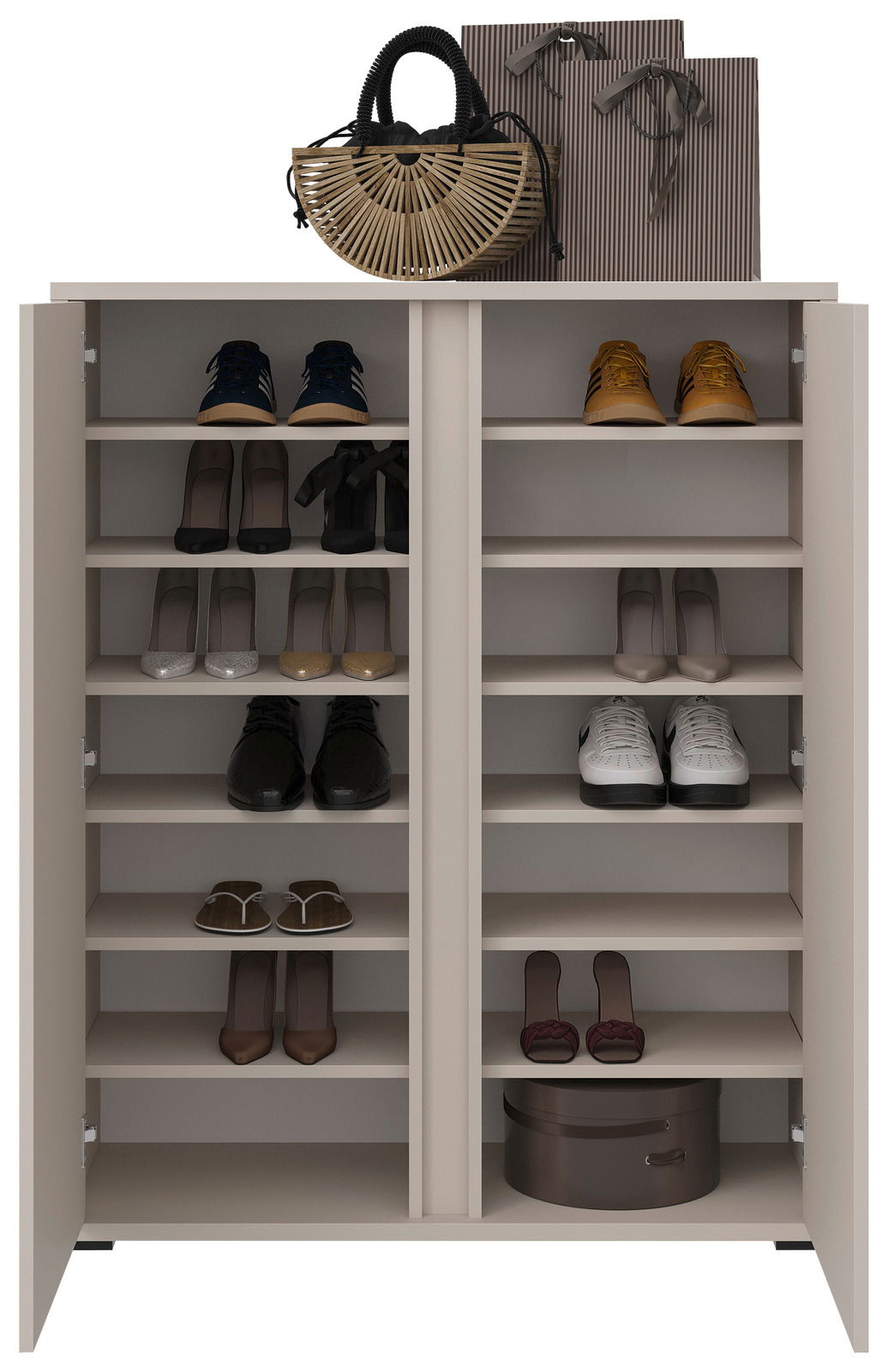 XORA Schuhschrank LIV Schuhschrank mit offenen Türen, gefüllt mit verschiedenen Schuhen und Accessoires, aus frontaler Perspektive.