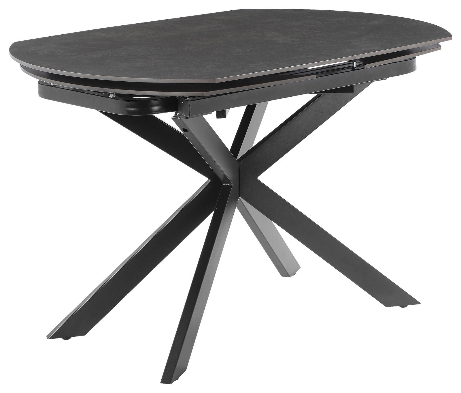 Z2 Esstisch WENDELIN Moderner Esstisch mit schwarzer Tischplatte und kreuzförmigem Metallgestell, seitliche Perspektive