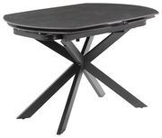 Moderner Esstisch mit schwarzer Tischplatte und kreuzförmigem Metallgestell, seitliche Perspektive