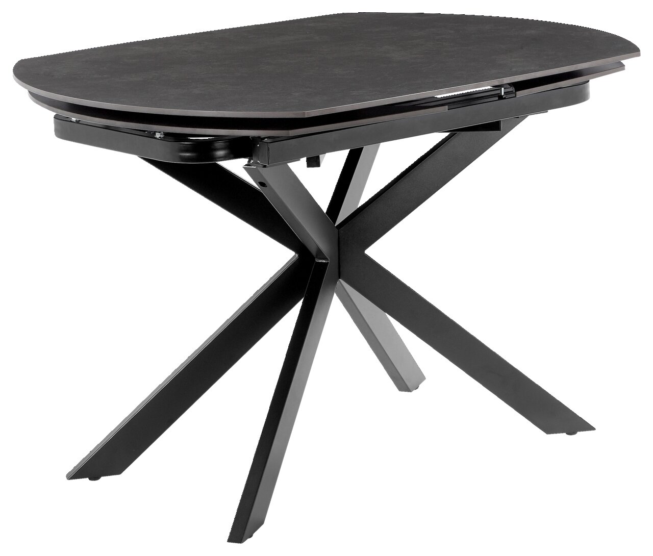 Moderner Esstisch mit schwarzer Tischplatte und kreuzförmigem Metallgestell, seitliche Perspektive