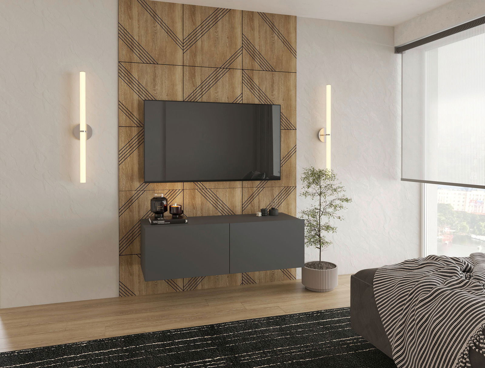 Modernes TV-Hängelowboard in dunklem Grau, montiert an einer stilvollen Holzwand mit geometrischem Muster, seitliche Perspektive.