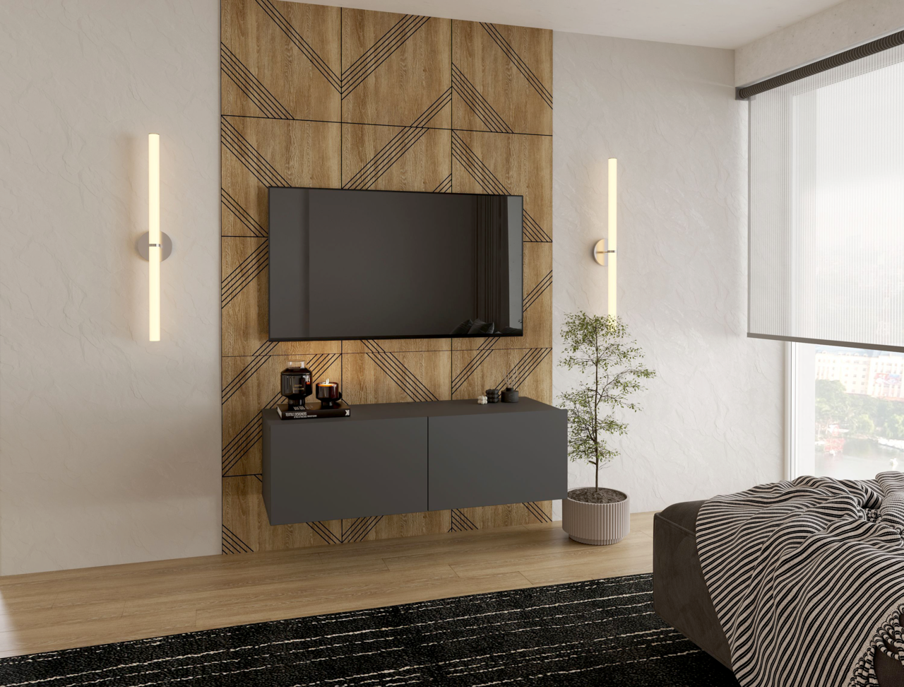 Modernes TV-Hängelowboard in dunklem Grau, montiert an einer stilvollen Holzwand mit geometrischem Muster, seitliche Perspektive.