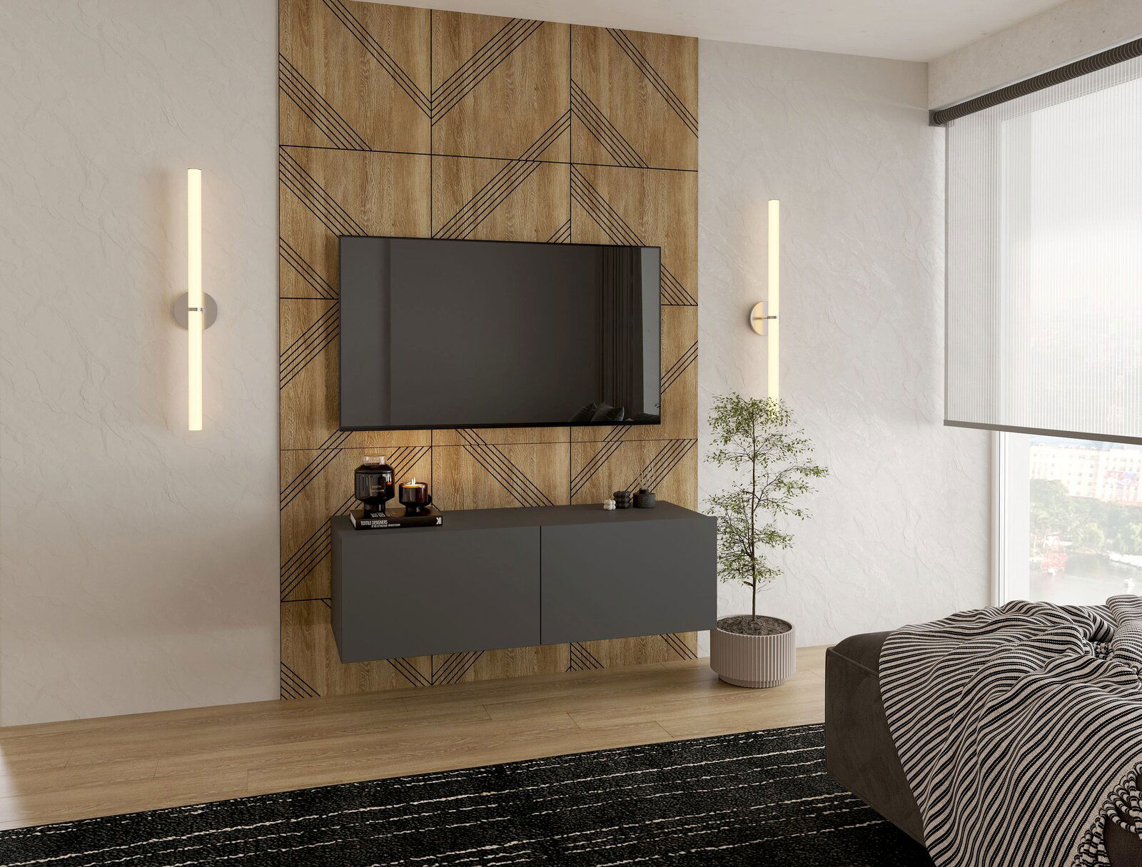 Hom´in TV-Hängelowboard NEWNIQ Modernes TV-Hängelowboard in dunklem Grau, montiert an einer stilvollen Holzwand mit geometrischem Muster, seitliche Perspektive.