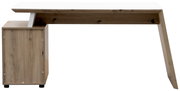 Moderner Schreibtisch aus Holz mit weißer Tischplatte, seitliche Perspektive