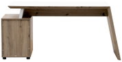Moderner Schreibtisch aus Holz mit weißer Tischplatte, seitliche Perspektive