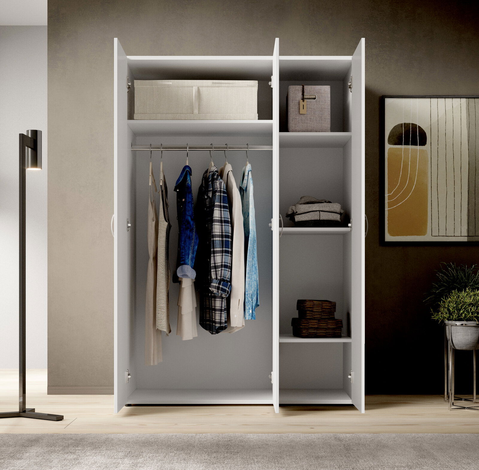 Drehtürenschrank 3-türig in moderner Inneneinrichtung, frontal geöffnet mit Kleidung und Regalfächern.