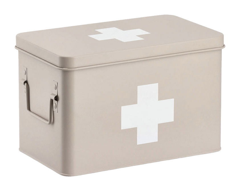 Beige Medizinbox mit weißem Kreuz, seitliche Perspektive