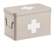Beige Medizinbox mit weißem Kreuz, seitliche Perspektive