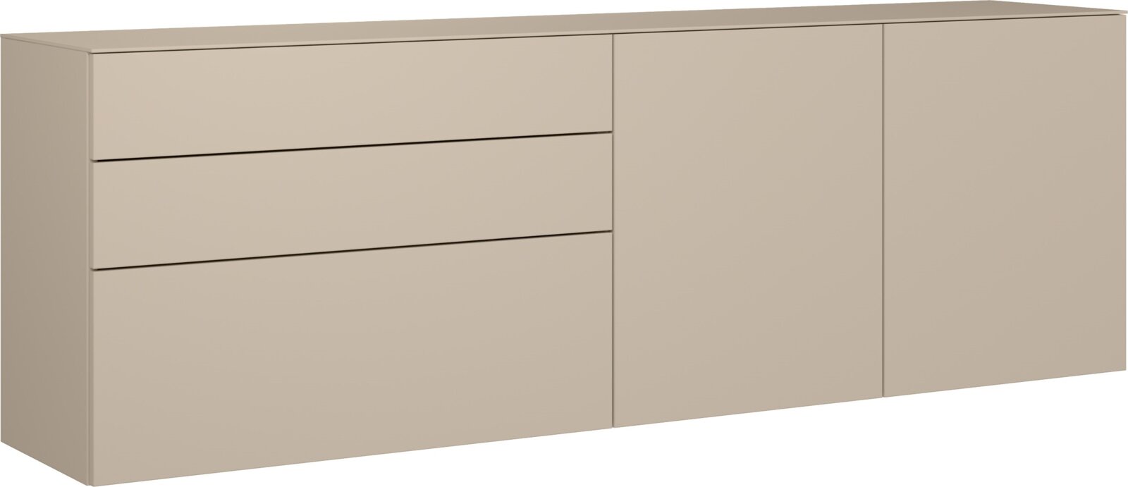 Beigefarbenes Sideboard mit drei Schubladen links und zwei Türen rechts, minimalistisches Design, Frontansicht in leichter Perspektive von links.
