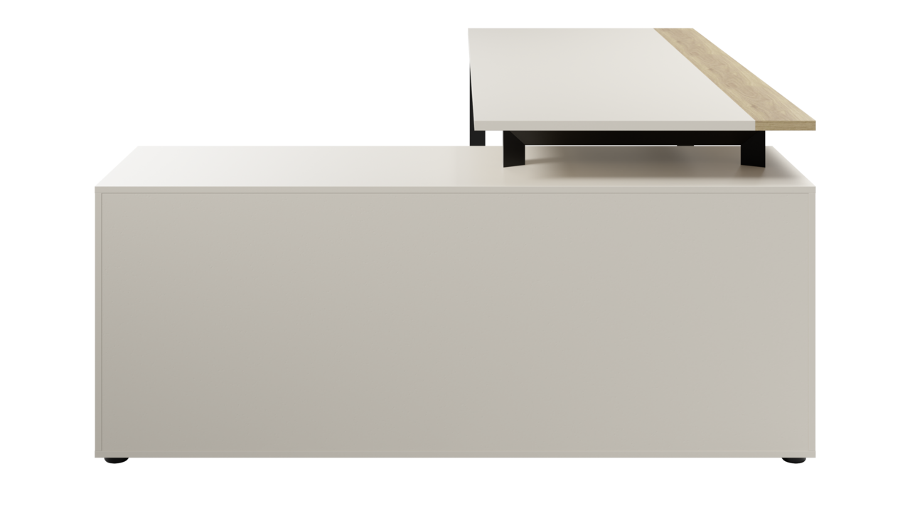 Eckschreibtisch mit Container, seitliche Perspektive, weiße Oberfläche mit erhöhtem Holzabschnitt