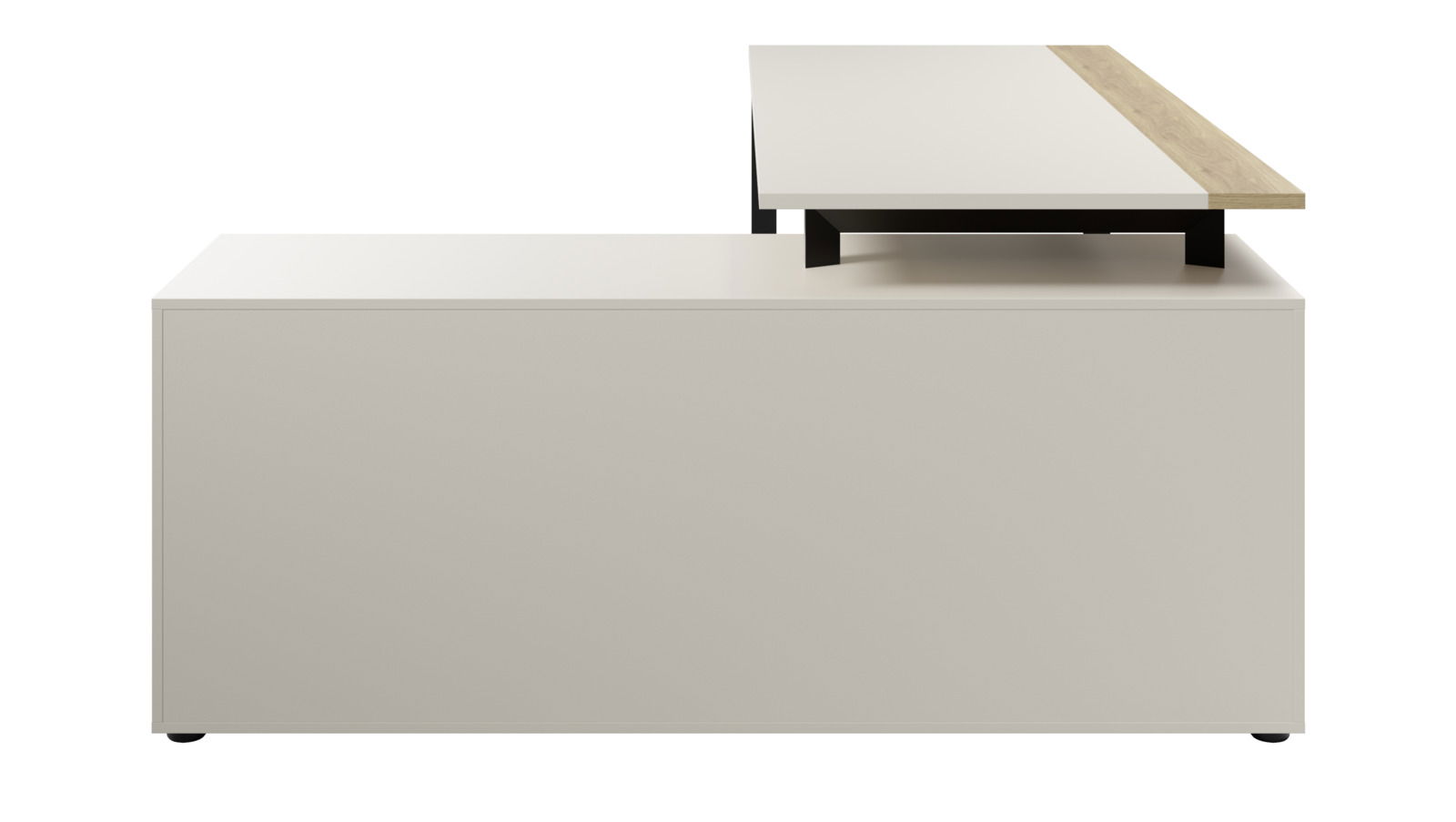 Eckschreibtisch mit Container, seitliche Perspektive, weiße Oberfläche mit erhöhtem Holzabschnitt