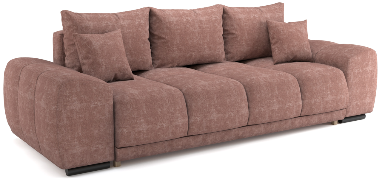 Braunes Funktionssofa mit mehreren Kissen, seitliche Perspektive
