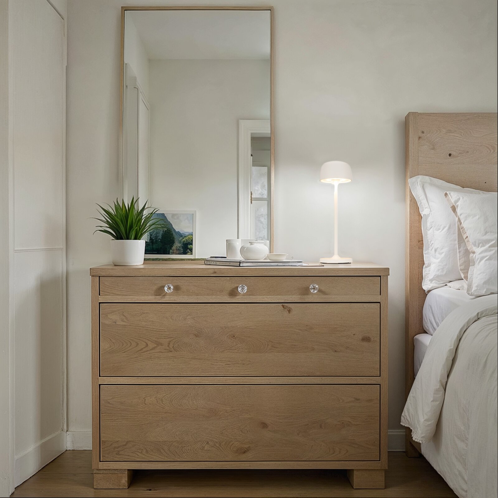 Frontale Ansicht einer hellen Holzkommode im Schlafzimmer mit drei Schubladen und Kristallknöpfen, darauf Pflanze, gerahmtes Bild, kleiner Tischlampe und hohem Wandspiegel